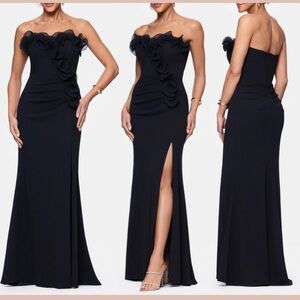 Xscape Black Ruffle Detail Strapless Scuba Crepe Sheath Gown SIZE 12